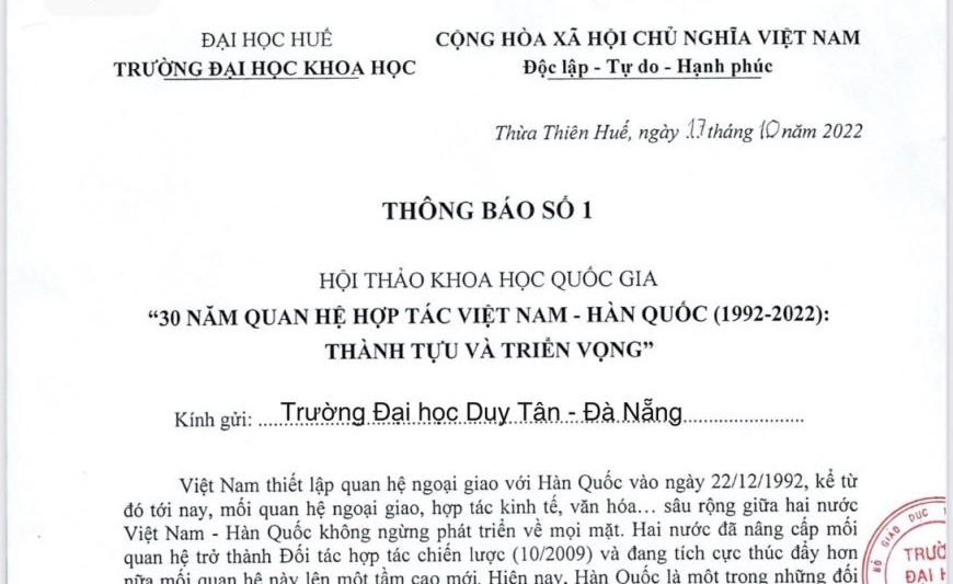 Thư mời viết bài tham dự hội thảo khoa học  quốc gia: " 30 Năm quan hệ hợp tác Việt Nam - Hàn Quốc (1992-2022): Thành Tựu và Triển vọng