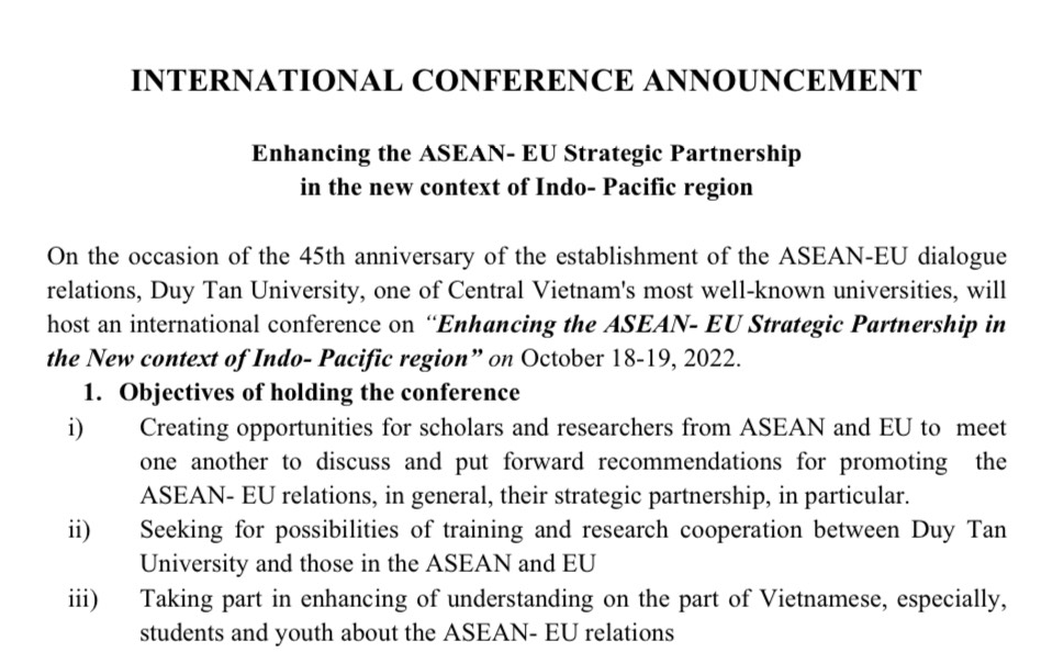 Call for Paper "Strengthening the ASEAN-EU strategic partnership in the new context   in the Indo-Pacific region”
